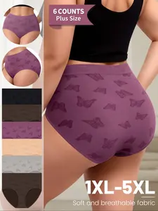 Women's Plus Size Butterfly Shaped Soft Breathable Panties, Soft Comfortable High Quality Printed Underwear, Pack of 6 Ladies Panty Set