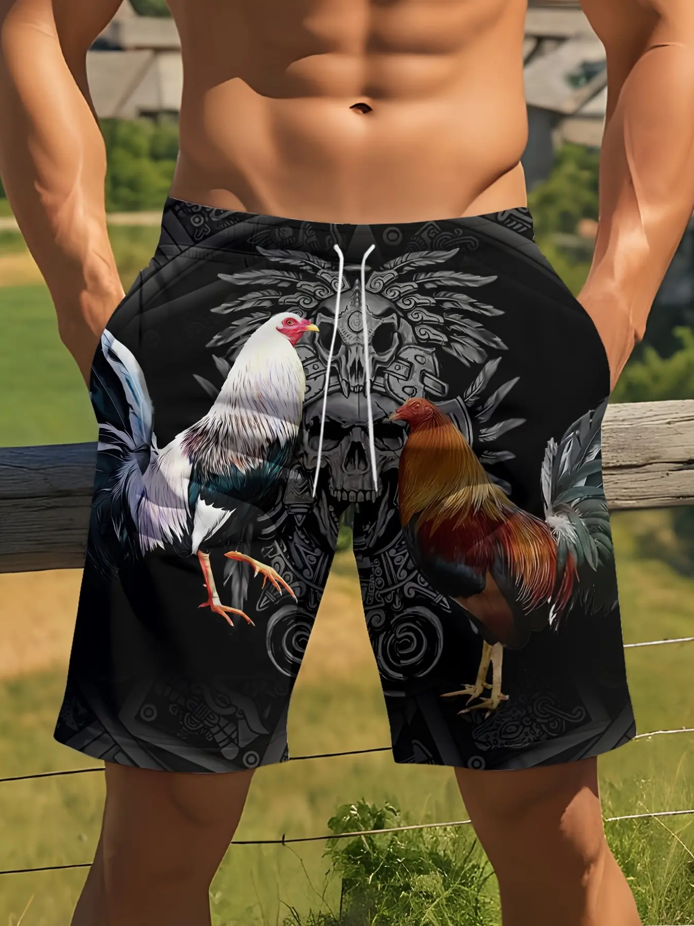 2026 Summer Men's Rooster Print Casual Beach Shorts, Quick-Dry Loose Fit, Vacation Style, All-Over Print, Comfortable and Stylish