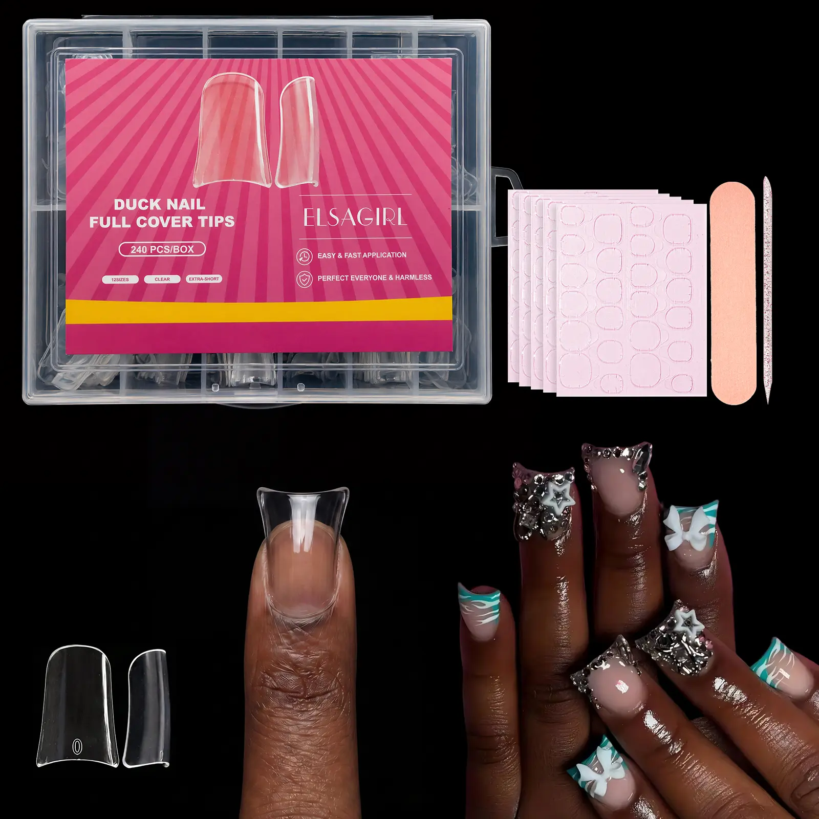 ELSAGIRL Duck Nail Tips, 240pcs Short Curved Nail Tips Full Cover 12 Sizes Clear Duck Nails Press on Crystal Ducks Feet False Nails Extension French Soft Gel Fan Tips for Y2K Salon DIY - 22MM, Nail Press On Nails, Nails Supplies, Pre-Primer