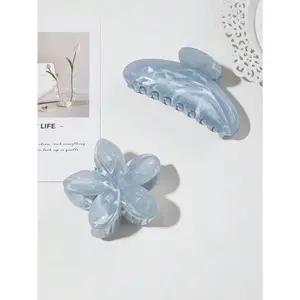 2Pcs/Set Fashion Ocean Blue Plumeria Acetate Hair Claws Hair Clips For Women Girls Party Ponytail Holder Hair Accessories