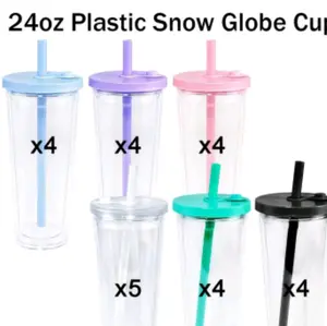24oz Plastic Snow Globe Cup Set with Assorted Colors and Straws for Easy Sipping