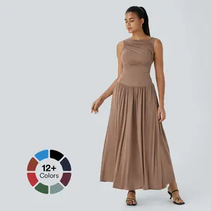Halara Ribbed Boat Neck Ruched Side Pocket Flowy Maxi Casual Dress