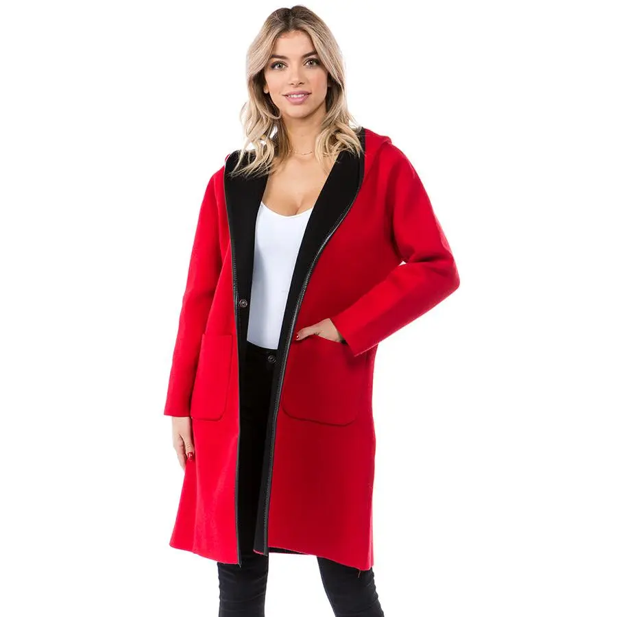 Women's Color Block Heavy Knit Hooded Cardigan with Pockets