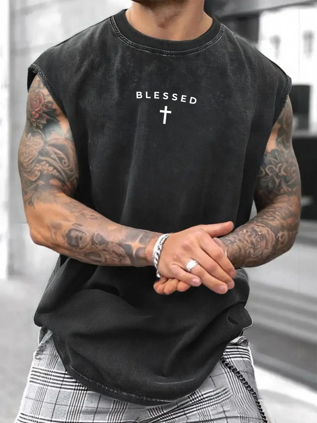 Blessed Cross Graphic Acid Wash Distressed Casual Fit Sleeveless Tank Top - Christian Streetwear Casual Muscle Tee