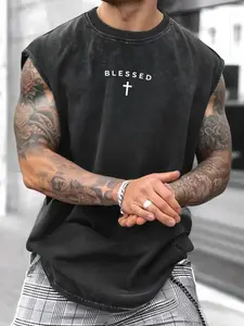 Blessed Cross Graphic Acid Wash Distressed Sleeveless Tank Top - Christian Streetwear Casual Muscle Tee