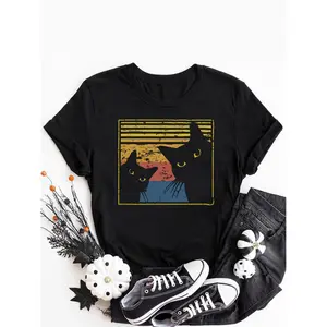Women's Cat Print Round Neck Graphic T Shirt Trendy Casual Drop Shoulder Short Sleeve Daily Wear All Seasons