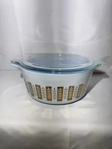 PYREX- Gourmet Gold & Delphite Blue - casserole dish-1960s-475 – B-2 1/2 Qt.- with lid