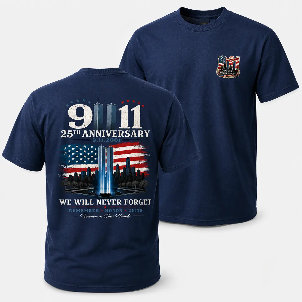 [MADE IN US] 911 25th Anniversary Memorial T Shirt & Sweatshirt, Patriotic Twin Towers And American Flag Two Sided Graphic, September 11 Remembrance Gift For Firefighter Families And Patriots