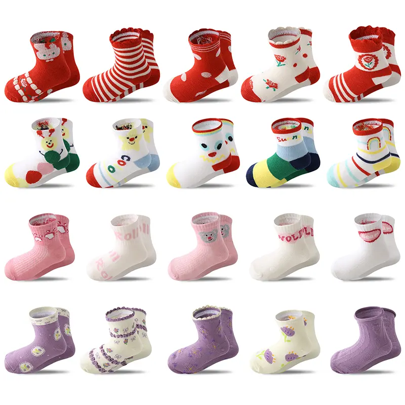 20-Pair Pack Girls' Spring/Fall Socks 1-12 Years Old Girls' Summer Colorful Sports Mid-Calf Socks Outdoor Long Socks Design Everyday Wear