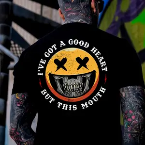 I'VE GOT A GOOD HEART BUT THIS MOUSE Skull&Evil Emoji Print Men's T-Shirt, Top Menswear Cotton Tee Shirt, Unisex Fashion, Soft Fabric, ShortSleeve, Regular Fit, Casual Streetwear