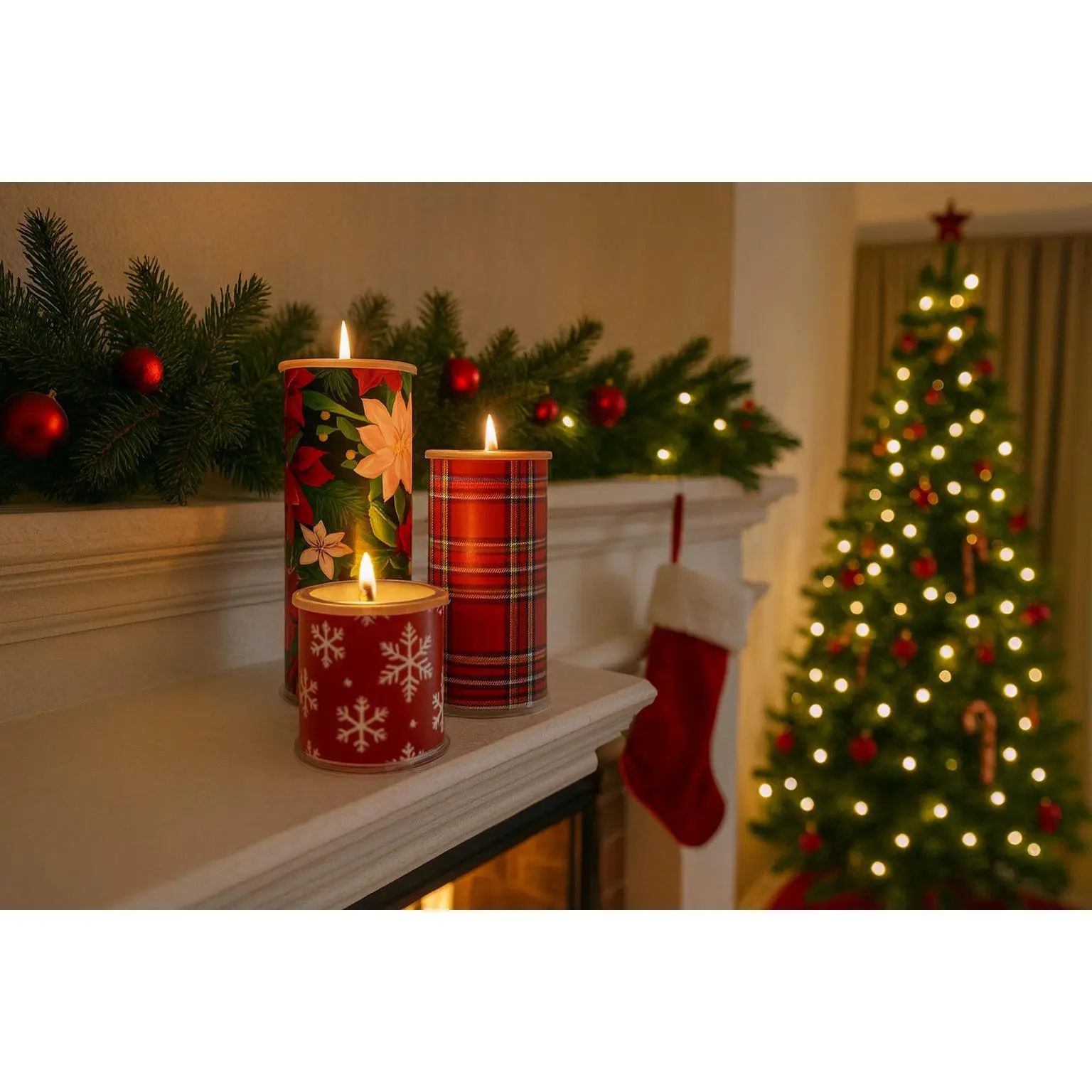 Wrap A Candle Set Merry Christmas - Reusable Holiday Decor | Festive Seasonal Decorative Wrap | Holiday Home Decor | Reusable Candle Wrap | Giftable Christmas Styling