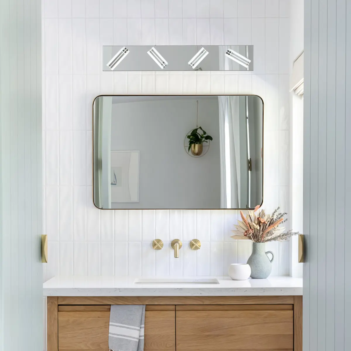 26" Modern Chrome 4-Light LED Vanity Light, Square Acrylic Lampshades Wall Mount Fixture for Bathroom, Mior Lighting