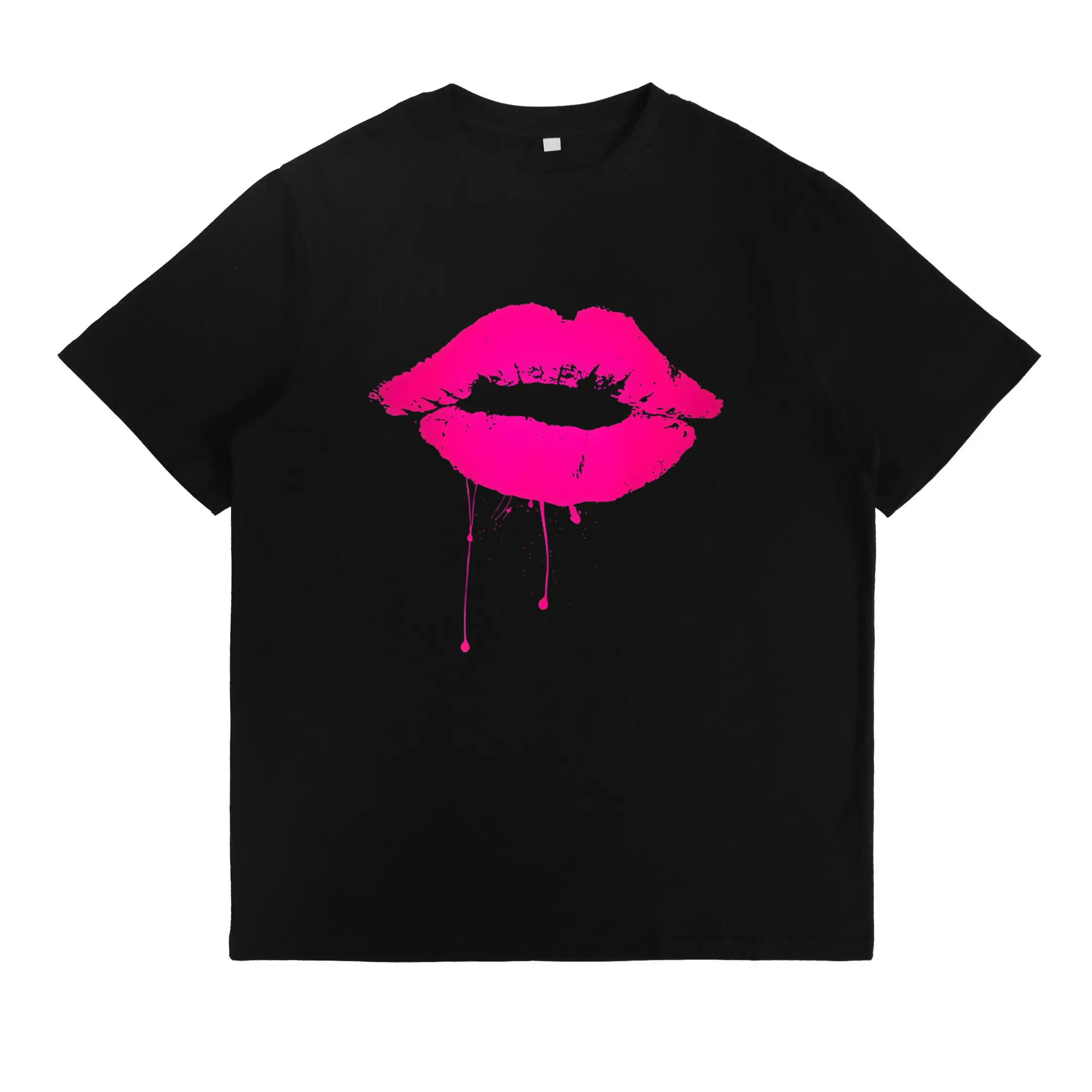 100% Cotton Sexy Pink Hot Lips T Shirt: Neon 80s Lipstick Kiss Party Tee Casual Short Sleeve Shirt