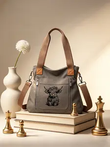 Scottish Highland Cow Print Canvas Bag, Multi-Layer Large Capacity Shoulder Bag, Student School Daily Travel Casual Backpack