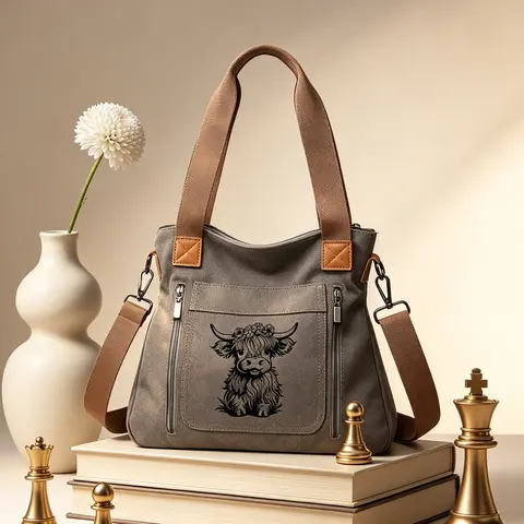 Scottish Highland Cow Print Canvas Bag, Multi-Layer Large Capacity Shoulder Bag, Student School Daily Travel Casual Backpack, Casual Fashion Bag