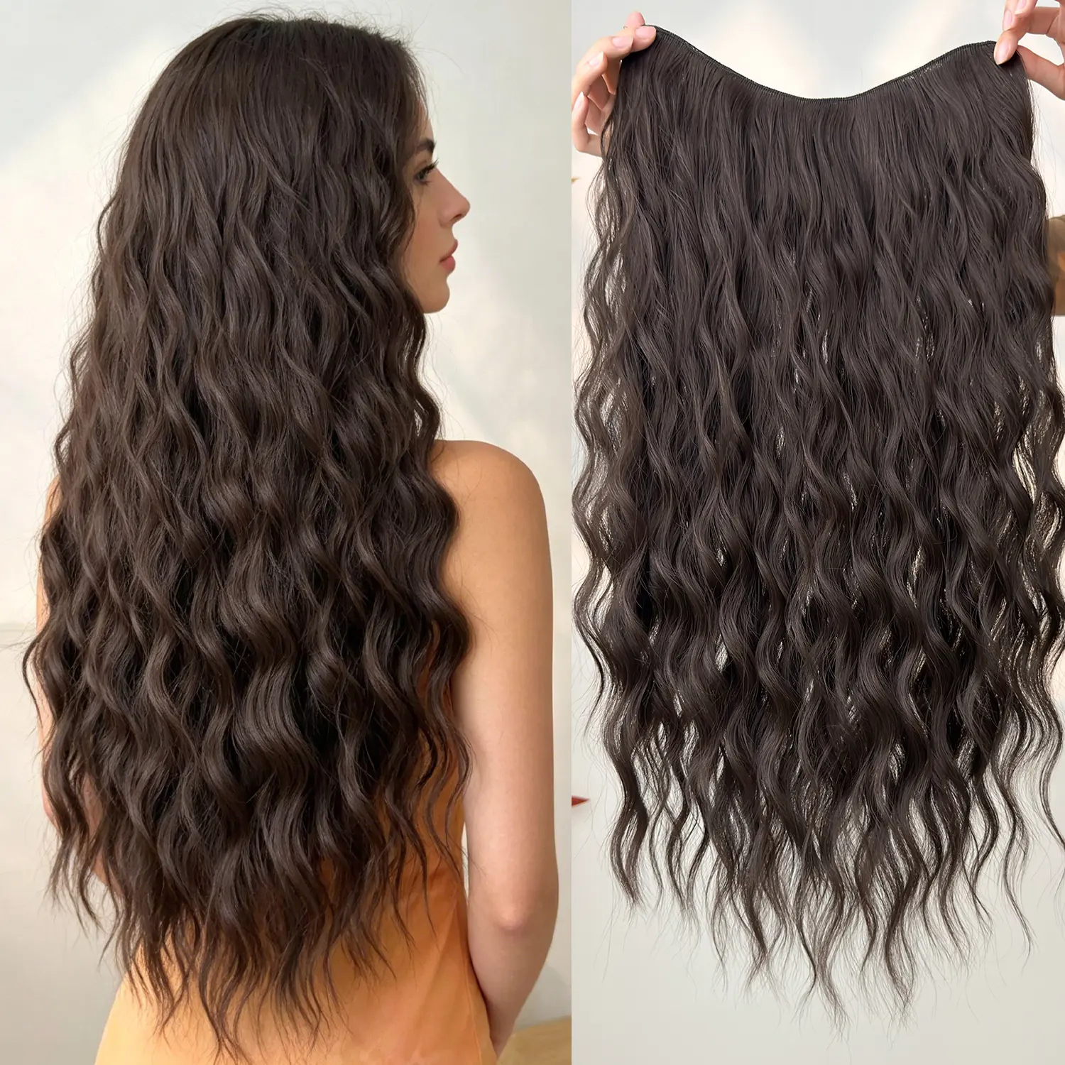 HEYPINK Clip In Hair Extensions, V-Shaped 24-Inch Brown Water Wave Hairpiece, Heat Resistant Synthetic Fiber, Hair Transition Accessory for Women’s Party & Daily Use
