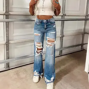 Women’s High-Waisted Ripped Loose Flared Long Jeans