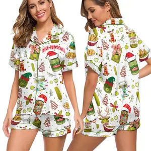 Pickle Christmas Women's Premium Satin Pajama Set Short Sleeve Sleepwear Loungewear, Gift for Her, Christmas Gift Idea, Pickle Lover