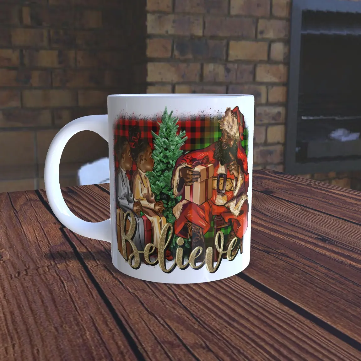 Believe - Christmas Coffee Mug with Little Black Kids and Black Santa Claus gathered around Christmas Tree - Reusable - Drinkware