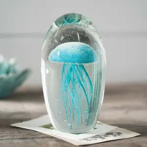 Glow in the Dark Jellyfish Glass Decor, Luminous Ocean Style Art Sculpture for Bedroom, Living Room & Desk
