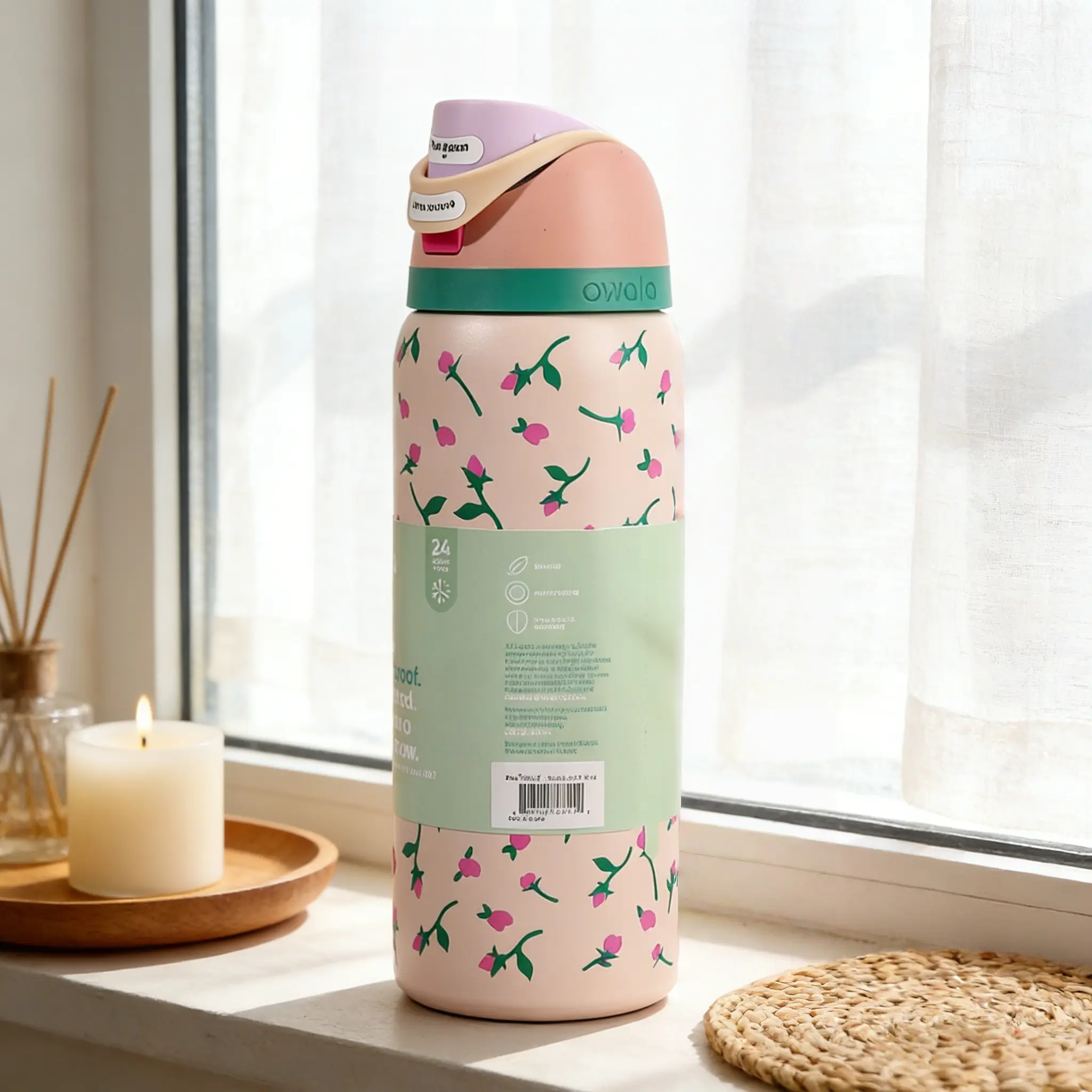 Owala 32oz Pink Rose Stainless Steel Thermal Flask - Leakproof Insulated Water Bottle, Floral Design Lid, Portable Kitchenware Drinkware for On-the-Go Use, Water Bottles, Bottles