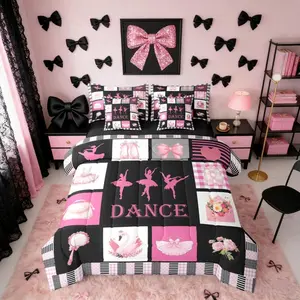 Black Pink Dancing Theme Girls 7 Piece Bedding Set,| Ballet Shoes Dancer Bowknot Comforter Set with Sheets Bow Floral Bed in A Bag Women Adults Bed Sets
