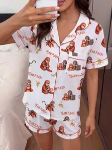 Women's Sleepwear Set, Fun Monkey Design, Team Punch Full Print Loungewear, Casual Short Sleeve & Shorts, Home Wear Suit