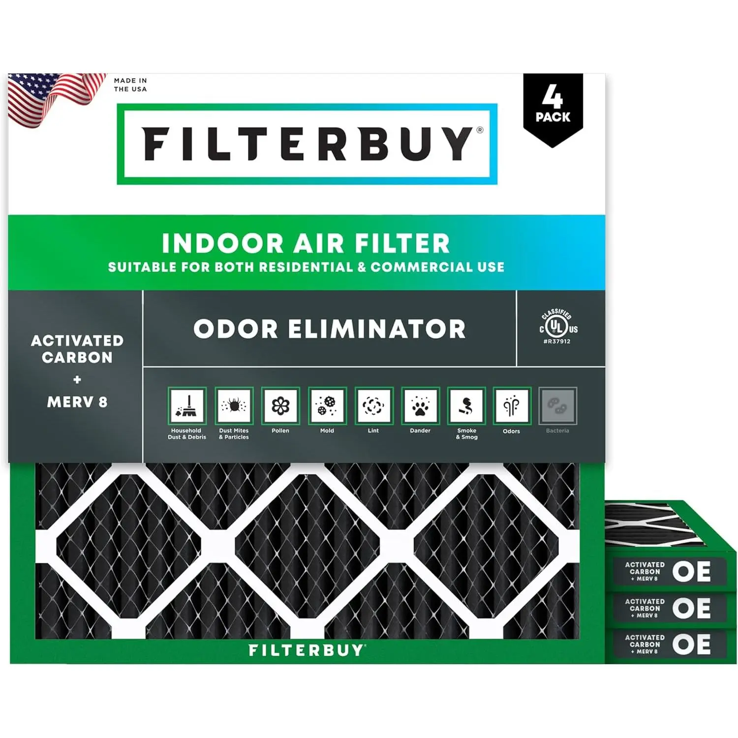Filterbuy 12x12x1 Air Filter (4-Pack), Pleated MERV 8 Odor Eliminator HVAC AC Furnace Air Filters (Actual Size: 11.75 x 11.75 x 0.75 Inches)