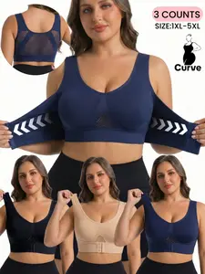 Plus Size Women's Seamless Wireless Bra, Front Buckle Design, Breathable Back Mesh, No Padding, Casual Slim Fit, All Seasons, Underwear