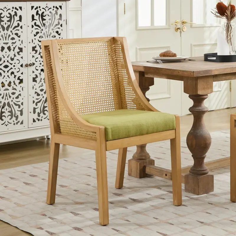 Faux Rattan Weaving Dining Chair - Solid Wood Frame, Decorative Armrests, Comfortable Linen Upholstery, 21.90 lbs, 23.80x21.90x37.40 in, Rustic Style Side Chair, Natural Finish, Olive Green, Single Pack for Kitchen, Dining Room, Dining Chairs
