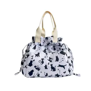Cute Cat Pattern Thermal Lunch Tote Waterproof Large Capacity Picnic Handbag for Outdoor Activities and Busy Days