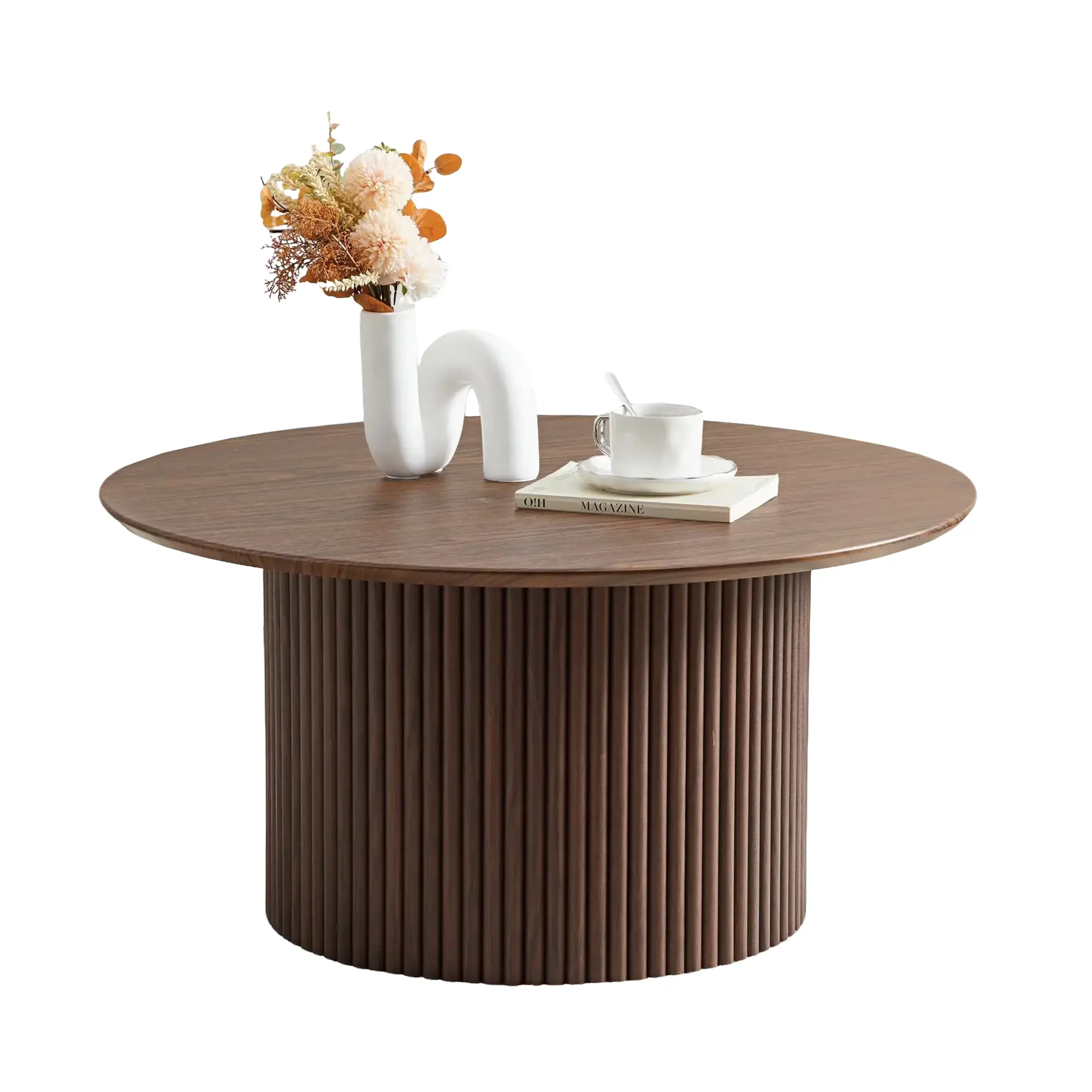 Giratree 31.5" Round Coffee Table, Modern Fluted Accent Center Table with Metal Frame, Wooden Circle Coffee Tables for Living Room Small Space or Office