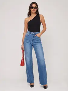 JRH Elegant High Wide Leg Waist Denim Jeans for Women Waisted Stretchy Raw Hem Denim Pants Womenswear Versatile Four Seasons Wear Slimming Fit Stretchy Wide Regular Size Tummy Control Trouser Streetwear Pocket Minimalist