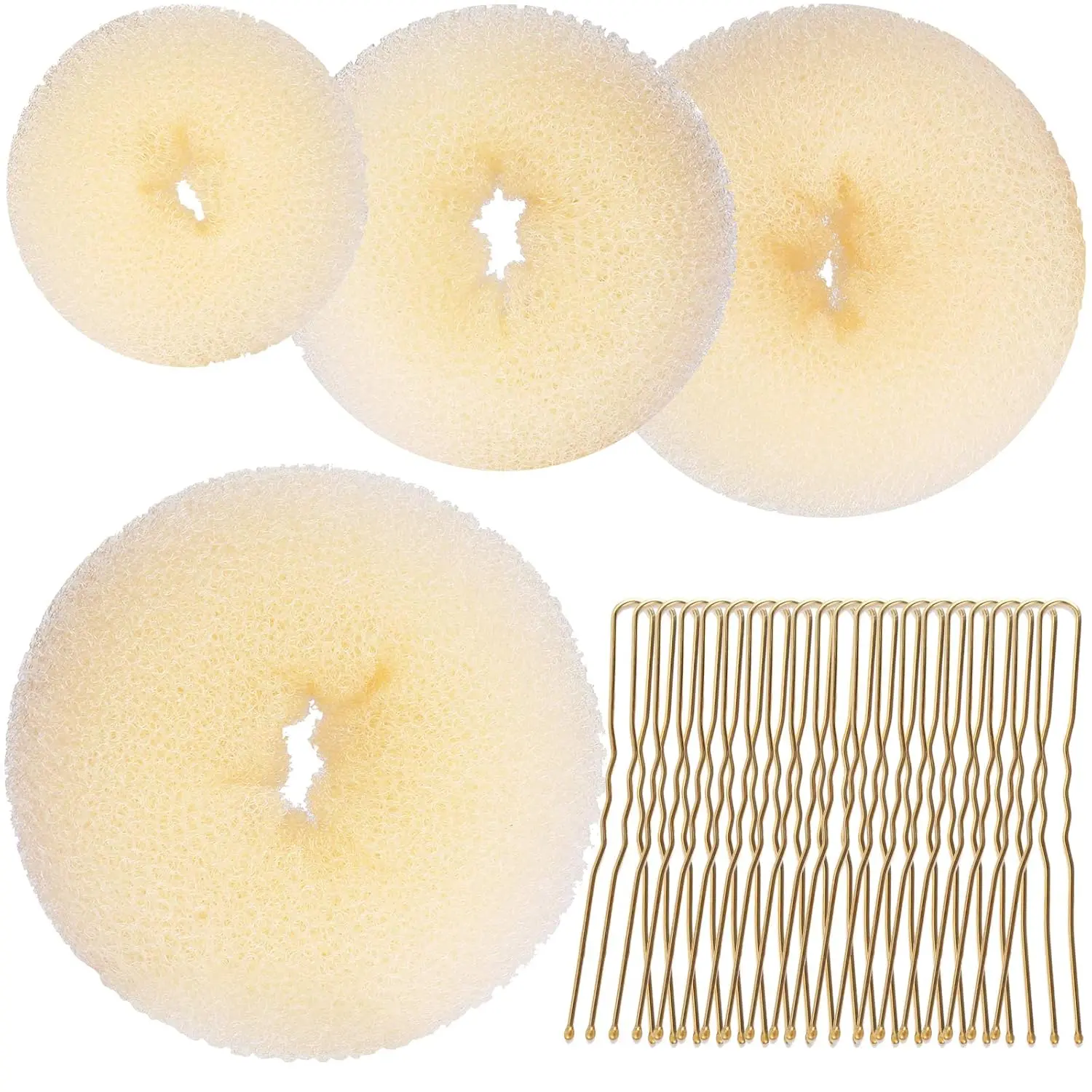 Hair Bun Shaper Set with 4 Doughnut Ring Sizes – Extra-Large, Large, Medium, Small + 20 Blonde Bobby Pins – Hair Styling Kit for Buns & Updos
