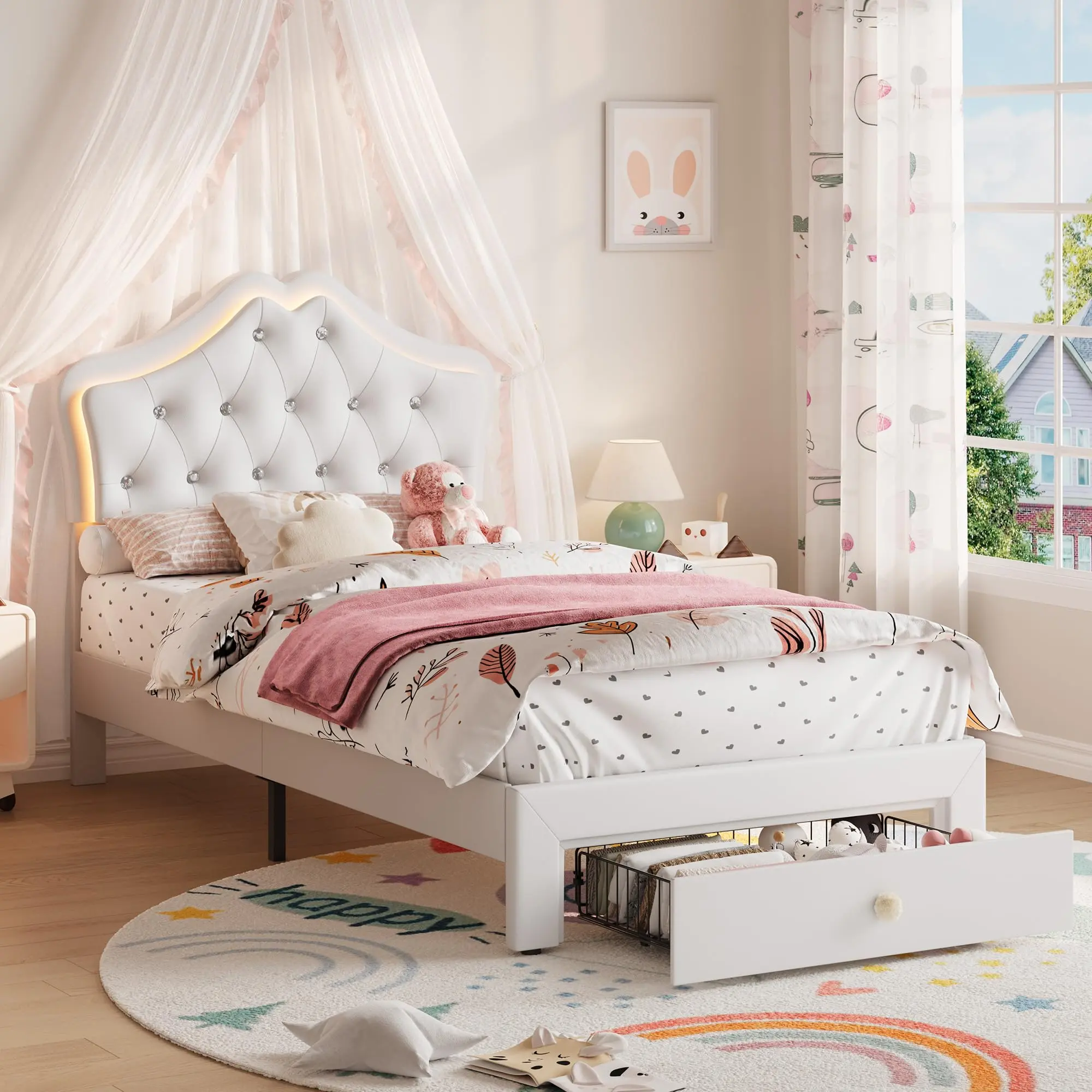 Garvee Twin Size Upholstered Platform Bed Frame with LED Lights, Storage Drawer, Crystal Tufted Headboard, Noise-Free Slats, and Easy Assembly in Beige for Teens