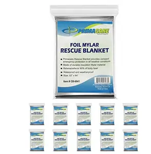 Primacare HB-10 Emergency Foil Mylar Thermal Blanket (Pack of 10), 52" Length x 84" Width, Silver