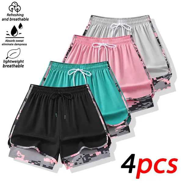 Women’s double-layer running shorts with lining, 4-pack; quick-drying, breathable fitness shorts with built-in liner, suitable for yoga and workouts. dolphin, Mid Waist, Camouflage Print, Polyester Blend