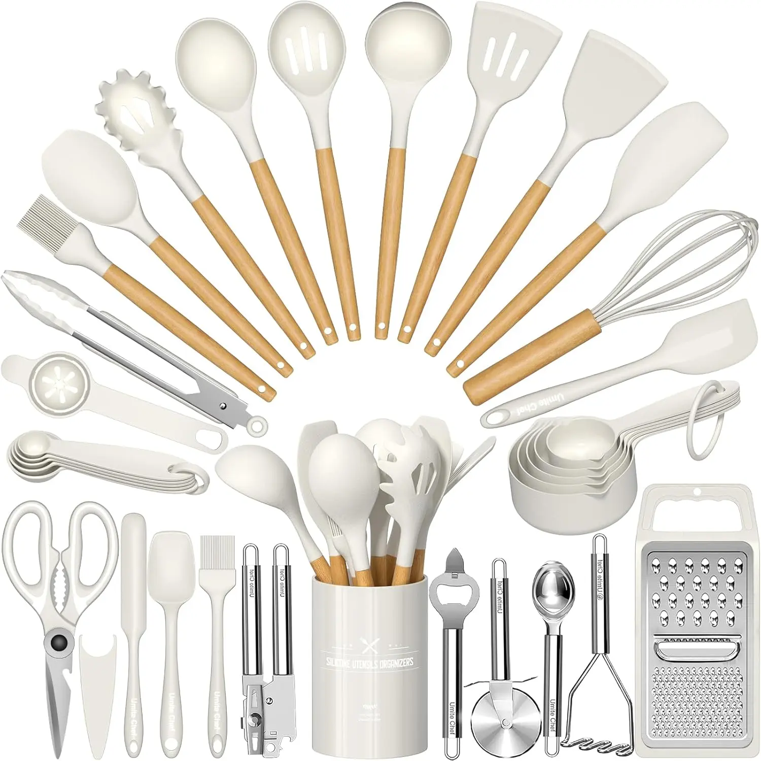Kitchen Utensil Set, 34 count Heat Resistant Kitchen Gadgets and Tools With Grater, Cream White  Handles for Nonstick Cookware
