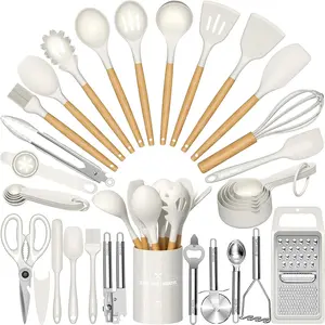 Kitchen Utensil Set, 34 count Heat Resistant Kitchen Gadgets and Tools With Grater, Cream White  Handles for Nonstick Cookware