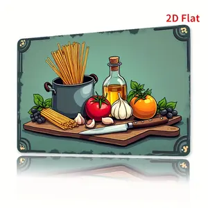 2D Flat - A Vintage Metal Cutting Board Featuring a Pasta, Garlic, Grape, And Olive Oil Design, Measuring 76.2X50.8 Cm. This Rustic Kitchen Decoration Is Suitable for Home, Bar, And Outdoor Settings, Making It a Unique Gift for Housewarming And Holidays.