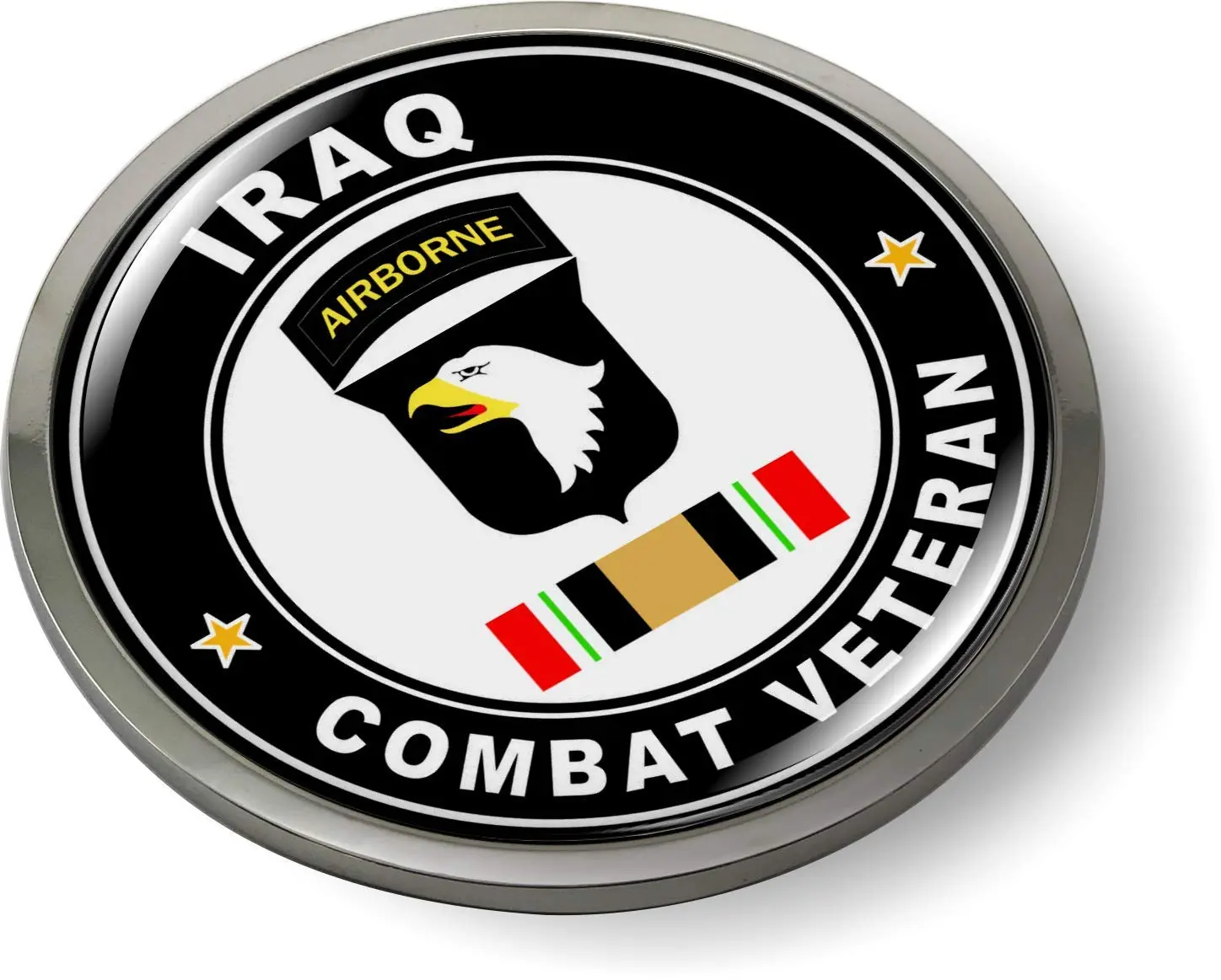 [Officially Licensed] Iraq Combat Veteran US Army 3D Domed Emblem Car Sticker with Chrome Round Bezel, Suitable for Veterans, Active-Duty Soldiers, Trailers, Flasks, Urns