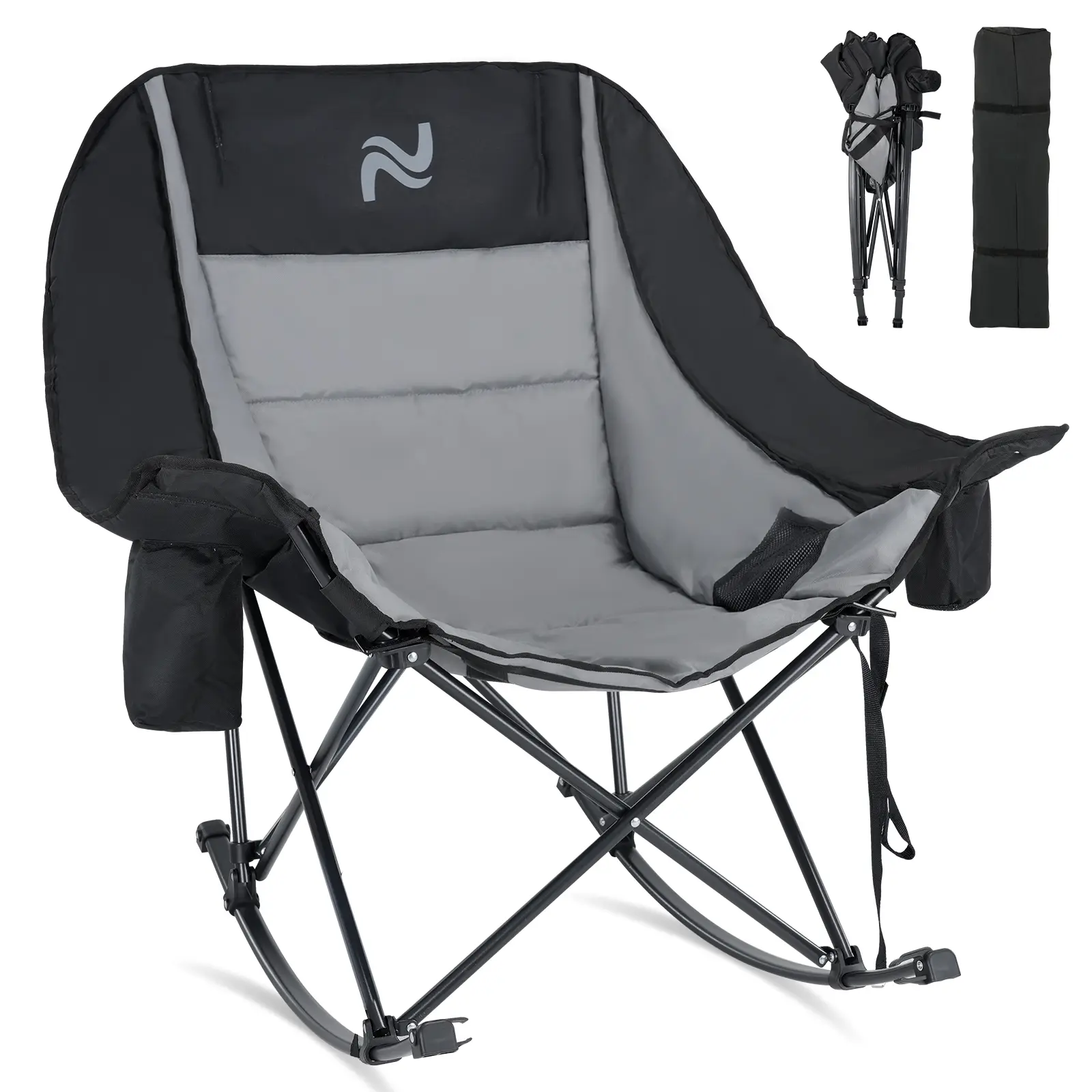 SLSY Oversized Rocking Camping Chair, Outdoor Rocker Padded Recliner Folding Lawn Chaise, with Side Pockets & Carry Bag for Patio Backyard