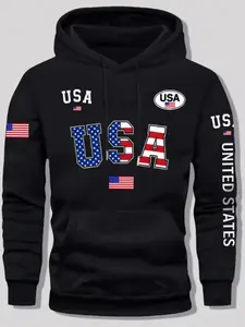 Men's American Flag Print Hoodie Jacket, Sweatshirts, Casual Wool Lined Long Sleeve, Pocket Design, Polyester Fiber, Fall Winter