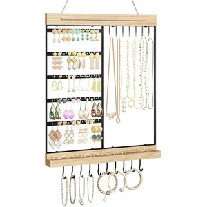 Hanging Jewelry Organizer, 5-Tier Wall Earring Holder with Wooden Ring Groove, Jewelry Rack Wall Mounted for Earrings, Necklaces, Bracelets and Rings, Jewelry Holder Stand