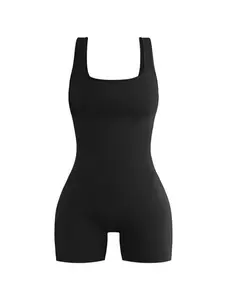 Women's Solid Backless Sports Tummy Control Romper, Fall Outfits, Casual Sporty Square Neck High Waist Bodycon Romper for Yoga Gym Workout, Back-to-School Clothing, Minimalistic Outfit, Fall Clothes, Fall Clothes, Fitness Activewear