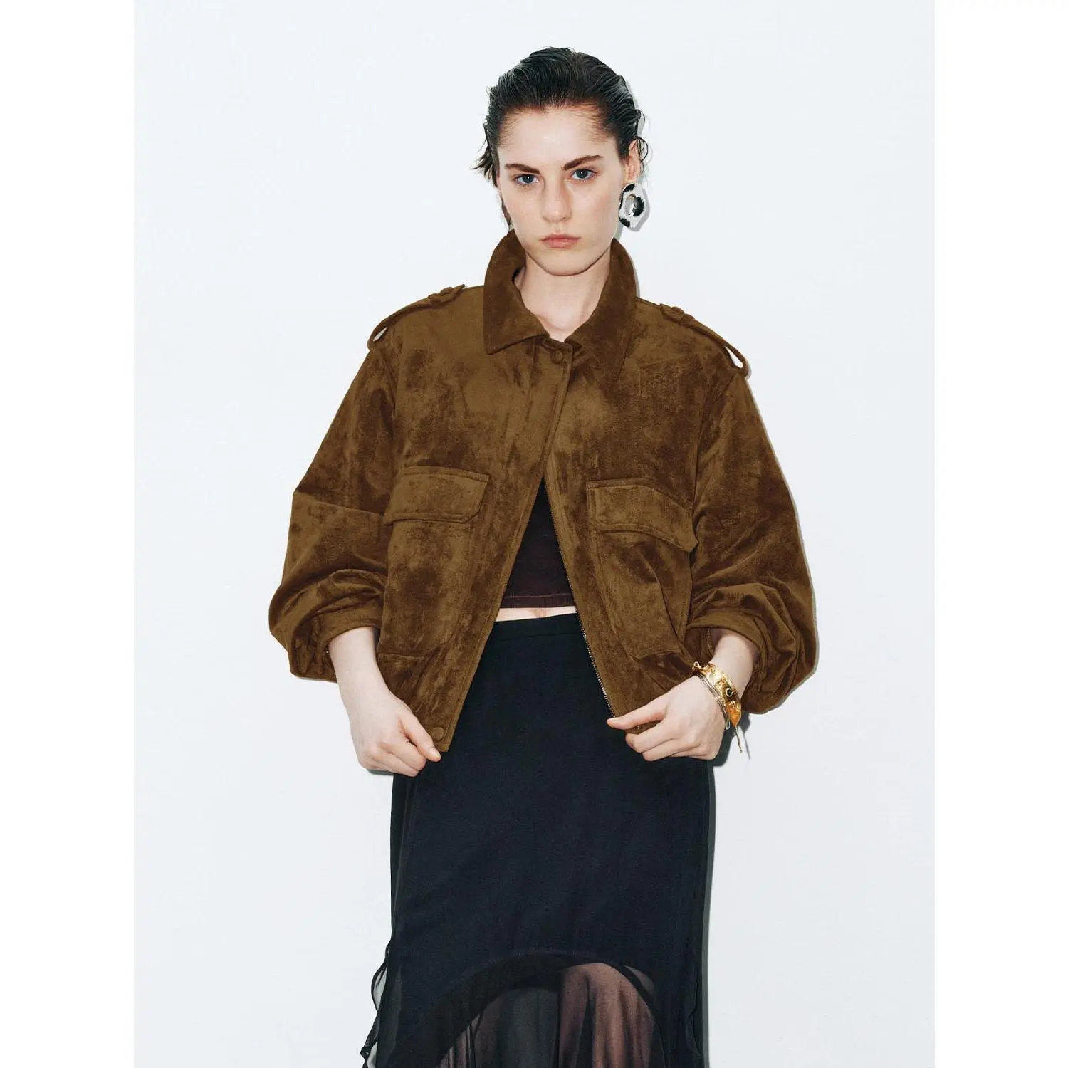 Women's Faux Suede Utility Jacket, a Cropped Vintage Safari Style Utility Top with Long Sleeves, Medium Thickness Polyester Clothes for an Elevated Casual OOTD