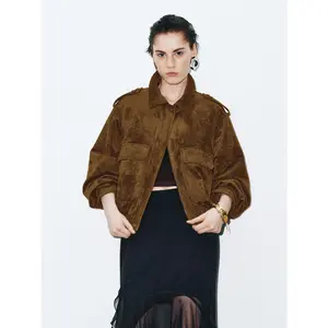 URBAN REVIVO 2026 Spring Women's Fitted Vintage Safari Suede Utility Crop Jacket UWG150074 - Long-Sleeve Polyester Shell Outerwear, Stylish Casual Style, Fabric-Focused 1-Piece Women's Top & Coat