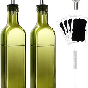 2-Piece Leakproof Rectangular Green Glass Olive Oil and Vinegar Bottle Dispensers Set with 2 Stainless Steel Pourers, 4 Labels, 1 Brush - Kitchen Utensils, Bottle Dispenser