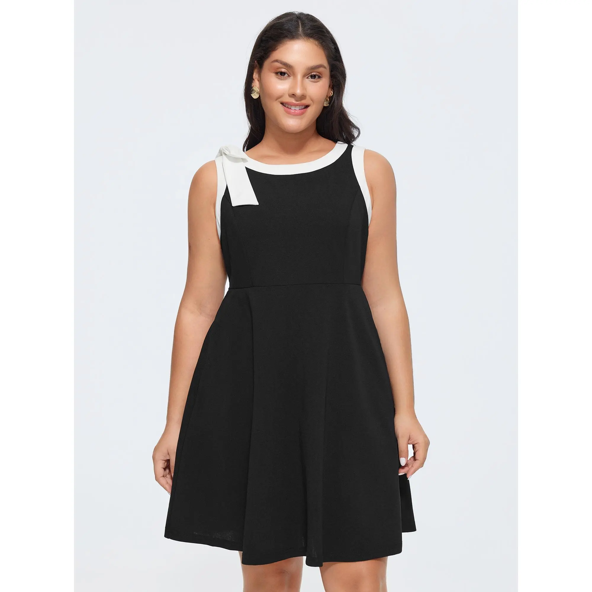 BloomChic Women's Plus Size Colorblock Shoulder-Tie Dress, Sleeveless Casual Solid Knee Length Summer Dress with Side Pockets