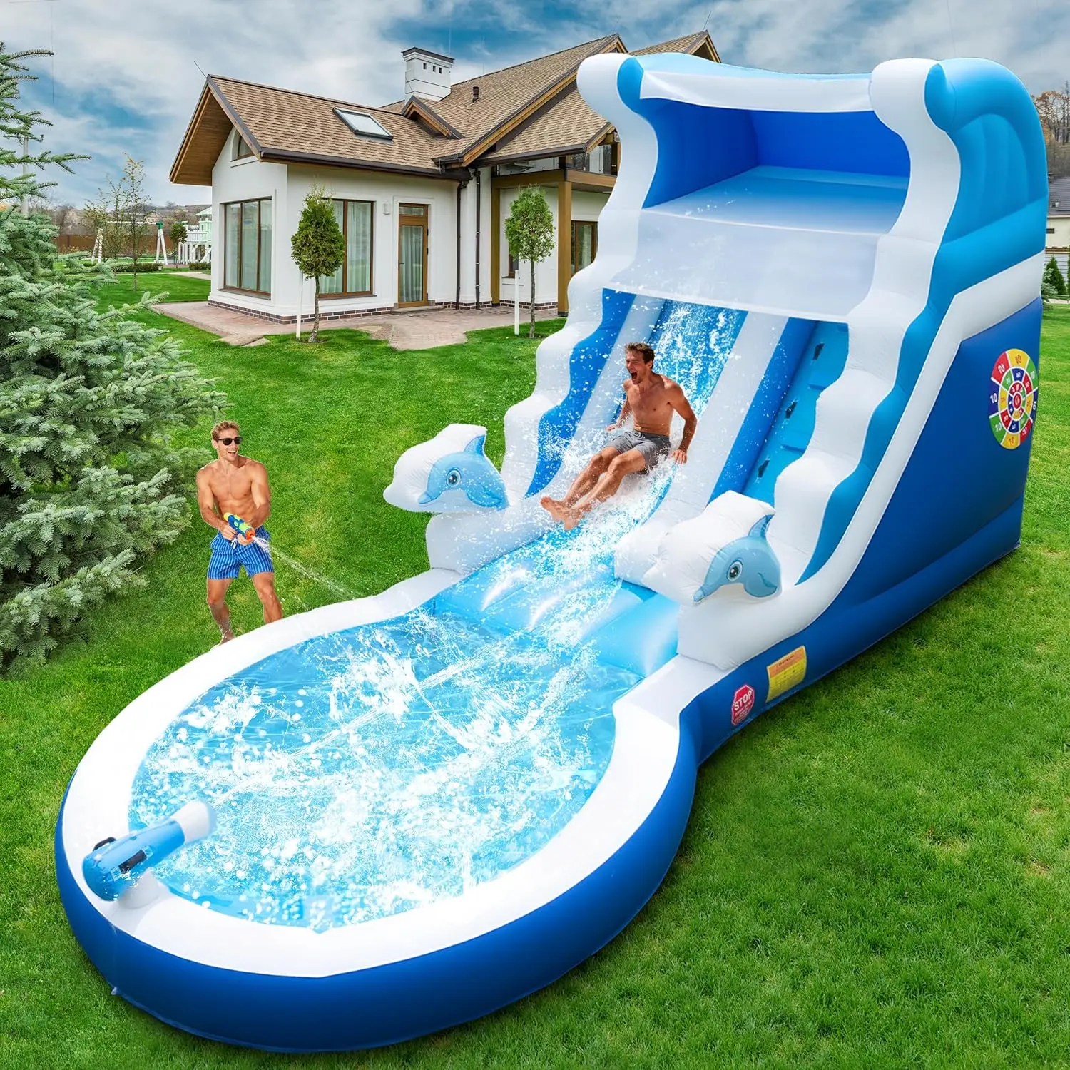 Inflatable Water Slide Commercial Grade: Water Bounce House for Adults and Teenagers - Big Pool, Premium PVC, Wet & Dry, Blower Included - for Backyard Outdoor Birthday Party, Dolphin Style